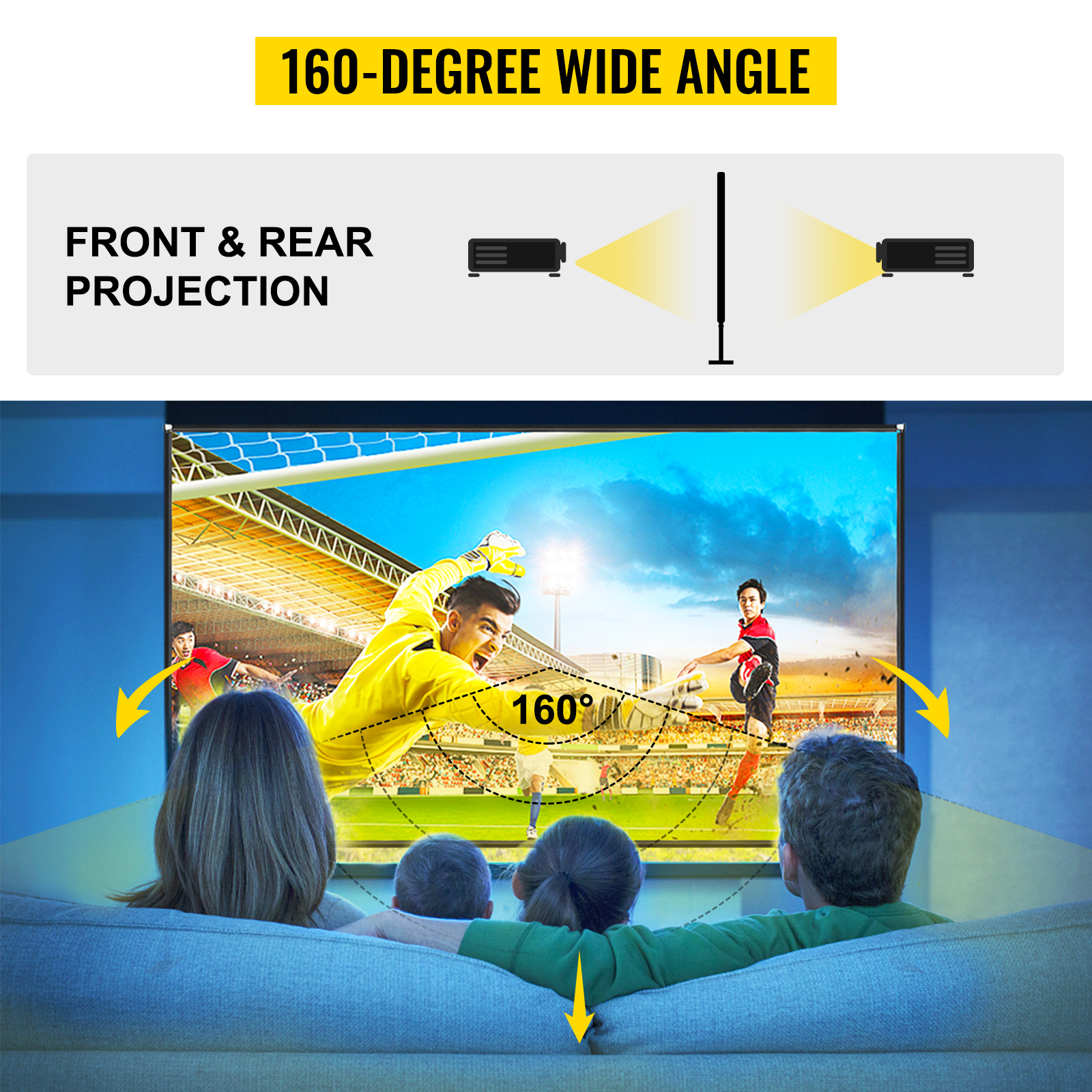 VEVOR projector screen 100inch with 160-degree wide angle for front and rear projection.
