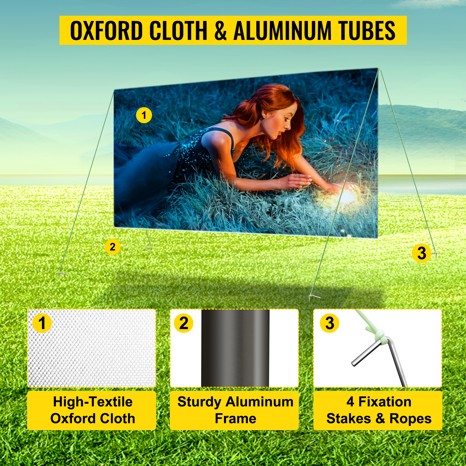 VEVOR projector screen 100inch with oxford cloth, aluminum frame, and fixation stakes.