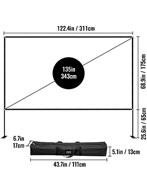 VEVOR 135inch portable projector screen with dimensions and carry bag.
