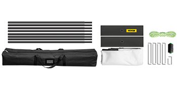 VEVOR 135inch portable projector screen setup: bag, poles, screen, stakes, and ropes.