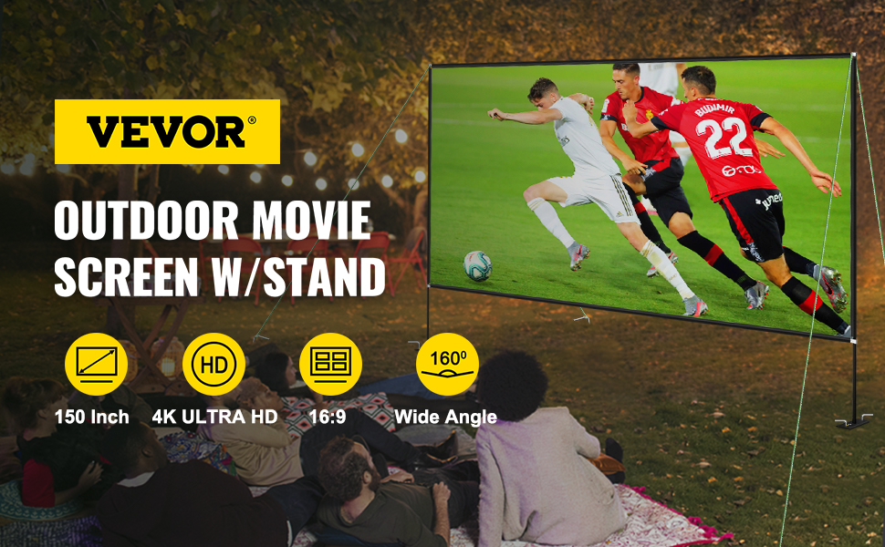 VEVOR projector screen with stand for outdoor movie watching, 50 inch, 4k ultra hd.