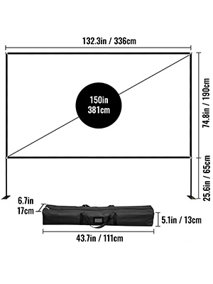 measurements and carrying bag for 150in VEVOR projector screen, 132.3x74.8in dimensions.