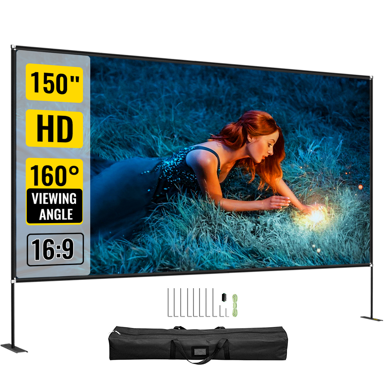VEVOR projector screen 150", hd, 160° viewing angle, 16:9 ratio, with accessories.