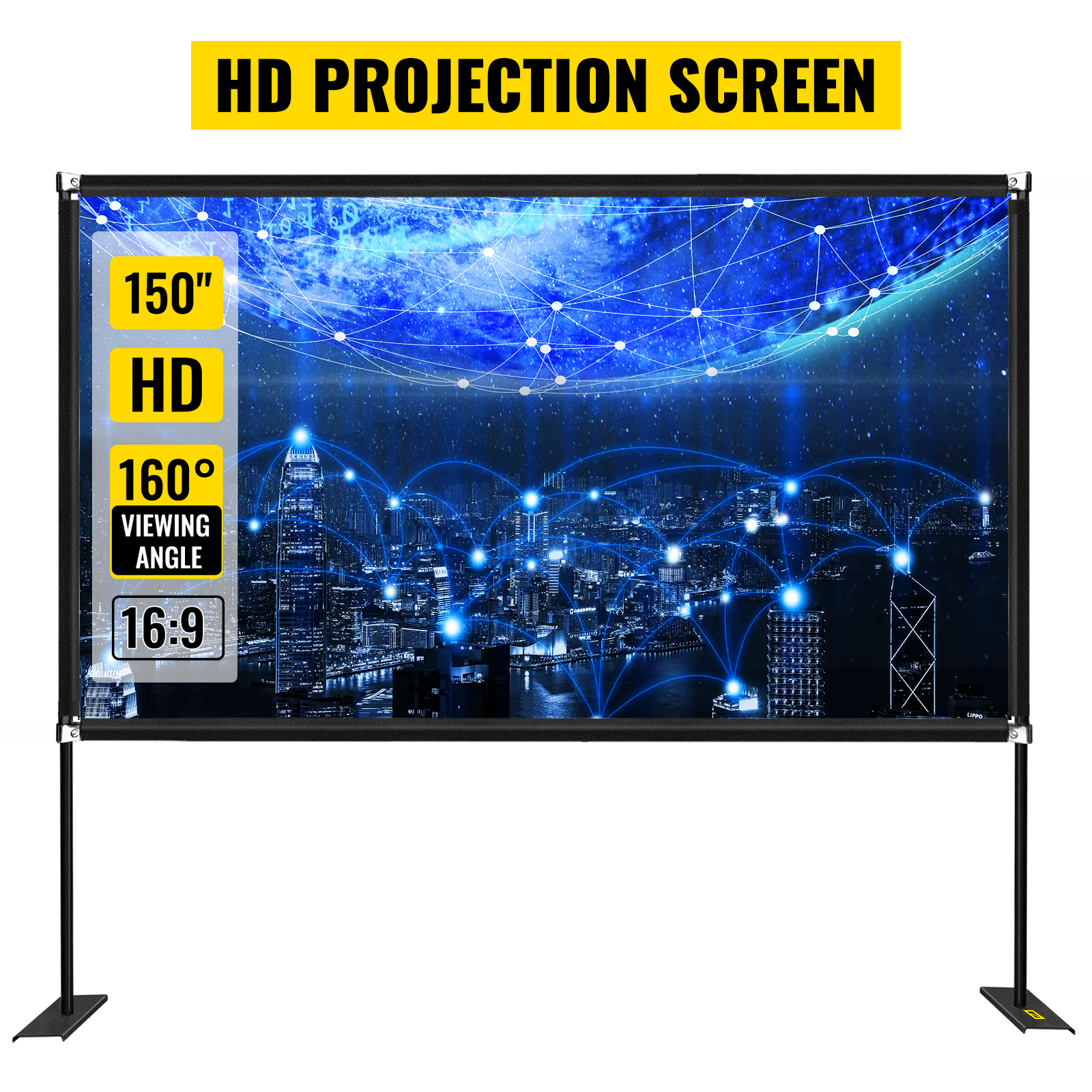 VEVOR projector screen, 150", hd, 160° viewing angle, 16:9 aspect ratio.