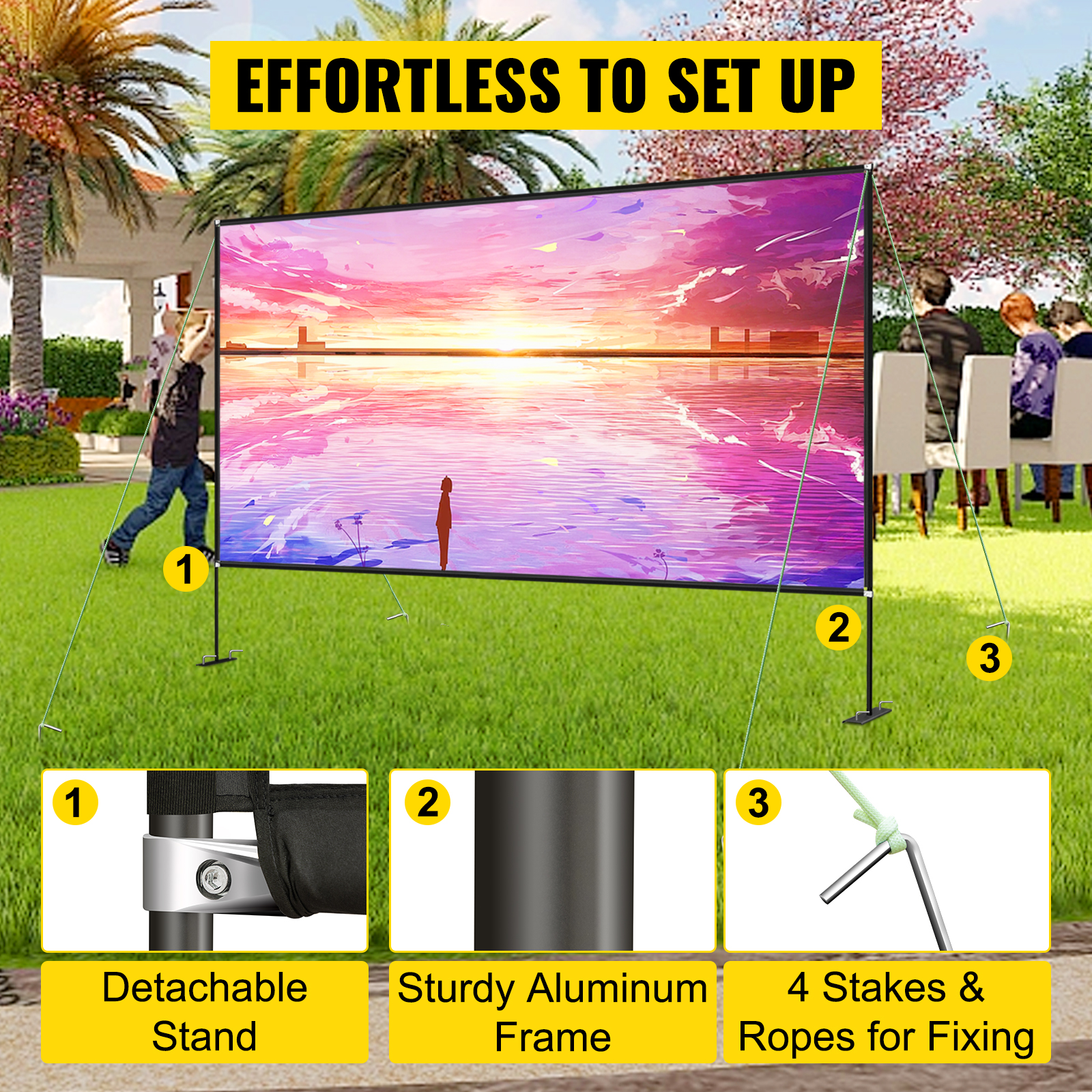 VEVOR projector screen setup outdoors with detachable stand and sturdy aluminum frame.