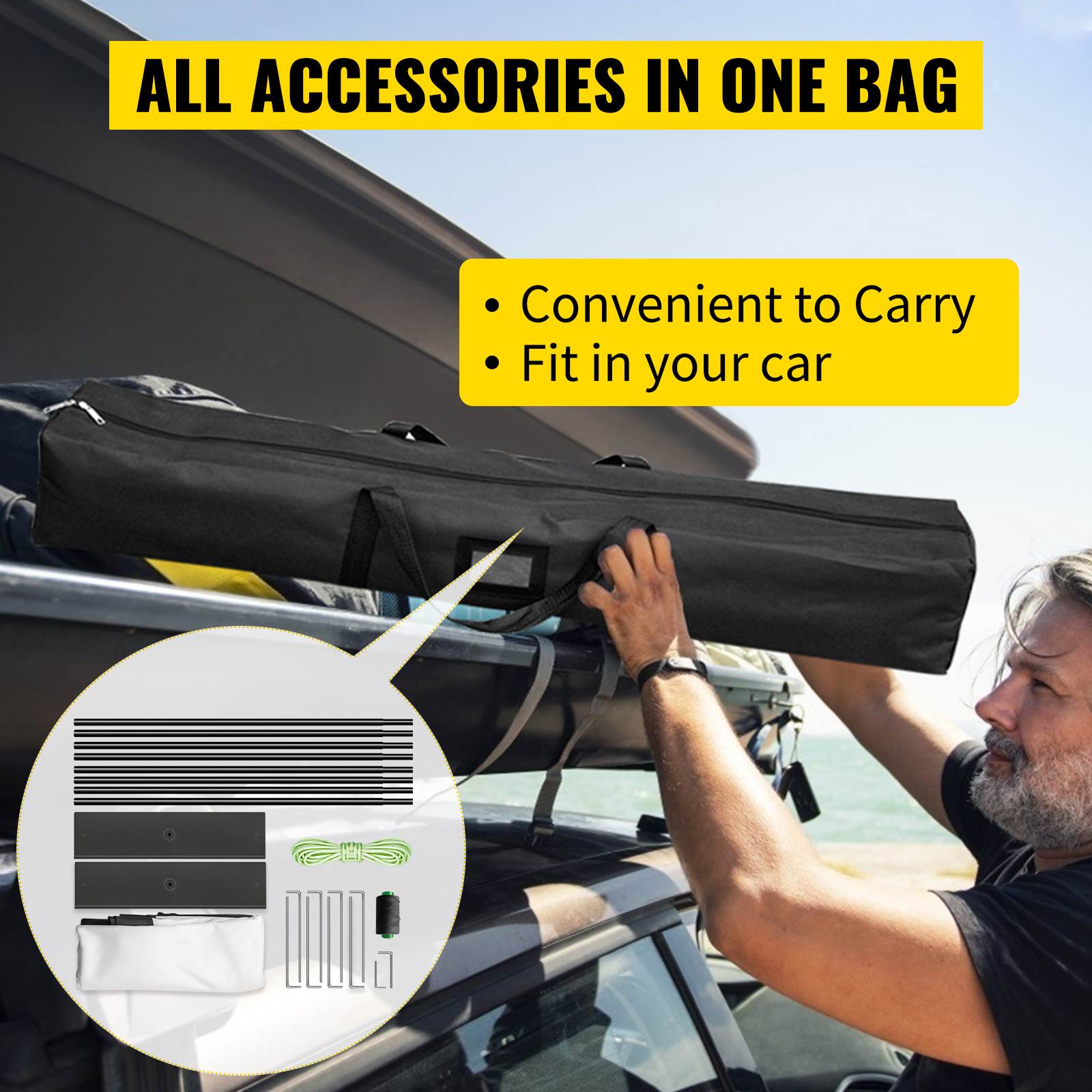 VEVOR projector screen bag with accessories, shown being placed on a rooftop carrier.