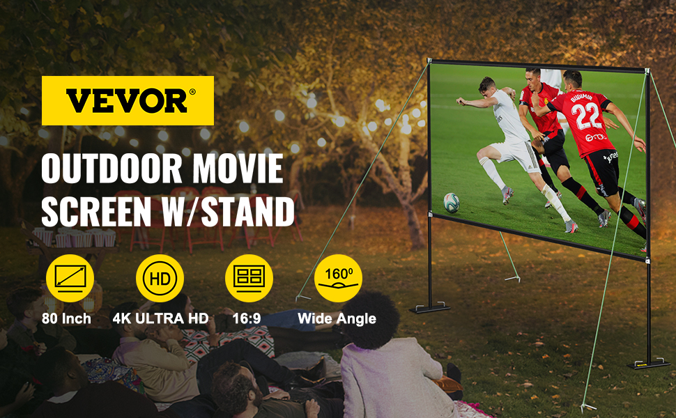 VEVOR portable projector screen setup outdoors showing a soccer match at night.