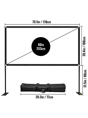 VEVOR portable projector screen with stand and carrying bag, 80-inch display.