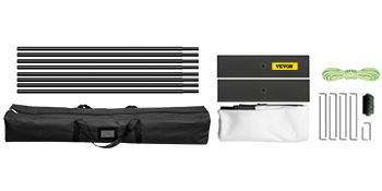VEVOR portable projector screen components with poles, bag, ropes, and stakes.