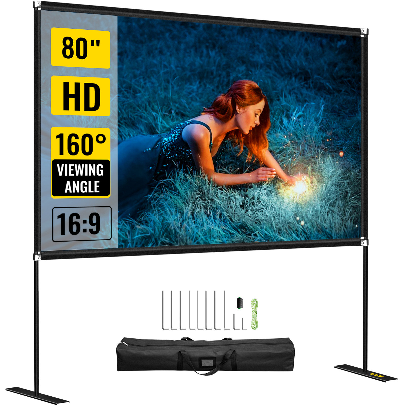 VEVOR portable projector screen, 80" hd, 160° viewing angle, 16:9 ratio with stand.