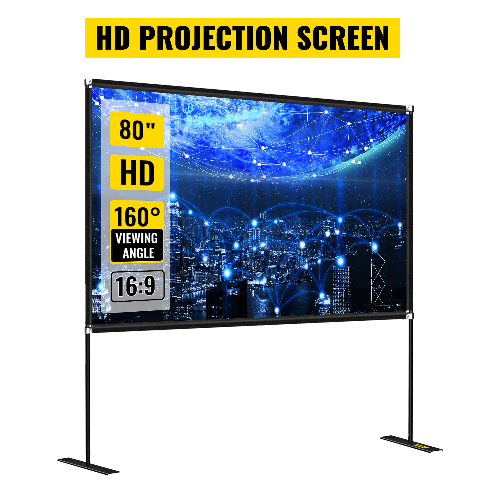 VEVOR portable projector screen, 80" hd, 160° viewing angle, 16:9 display.