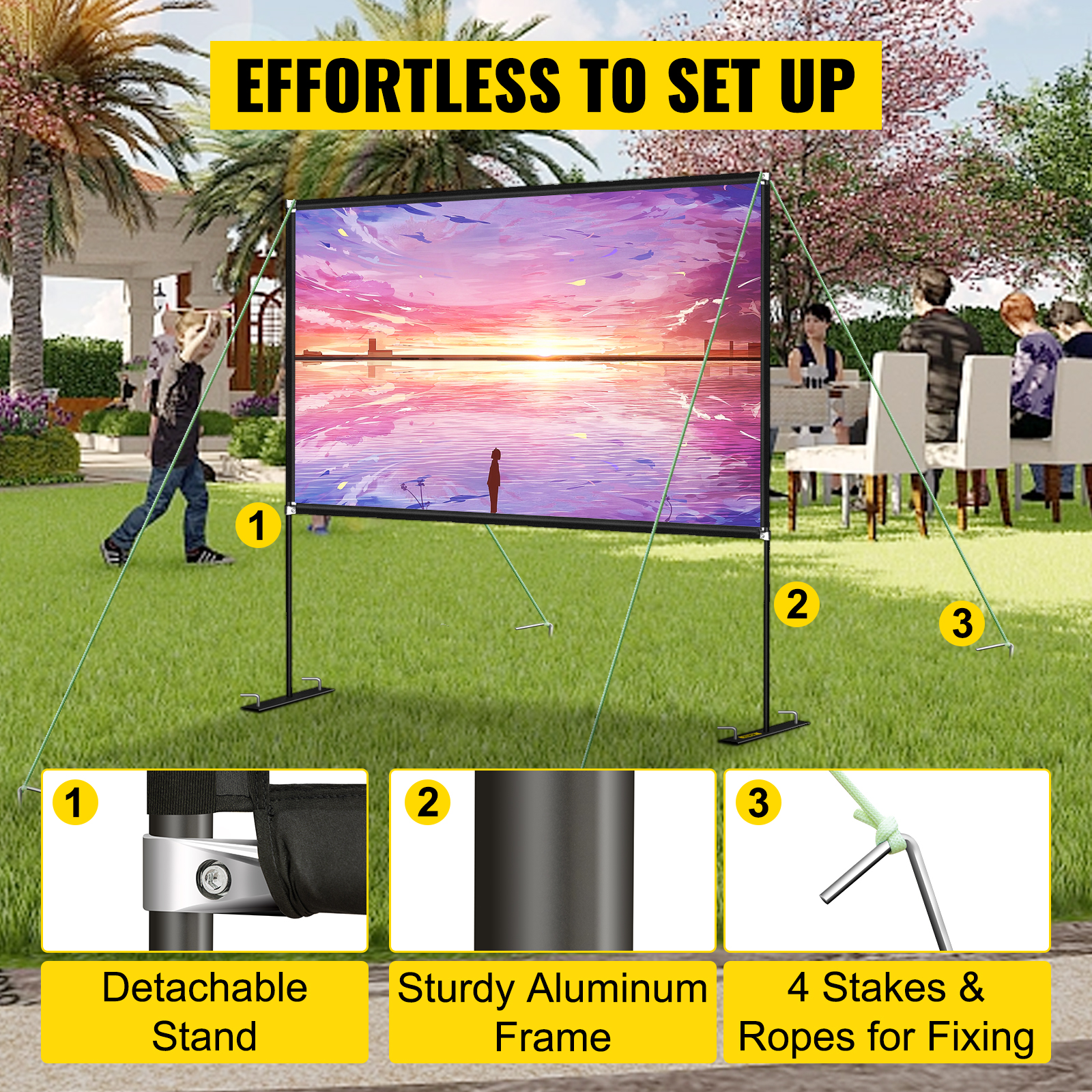 effortless to set up VEVOR portable projector screen with detachable stand.