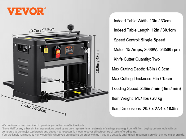 VEVOR thickness planer with single-speed motor, 13-inch table width, and 6-inch max cutting thickness.