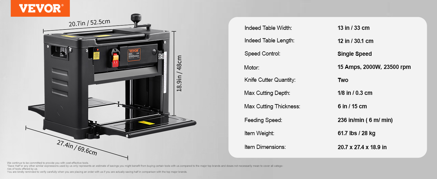 VEVOR thickness planer with single-speed motor, 13-inch table width, and 6-inch max cutting thickness.