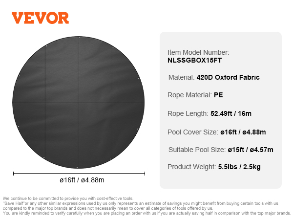 VEVOR pool cover, 16ft diameter, 420d oxford fabric, suitable for 15ft pools, 52.49ft pe rope included.