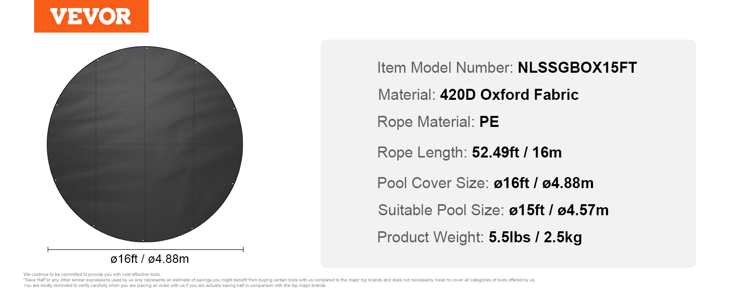 VEVOR pool cover, 16ft diameter, 420d oxford fabric, suitable for 15ft pools, 52.49ft pe rope included.