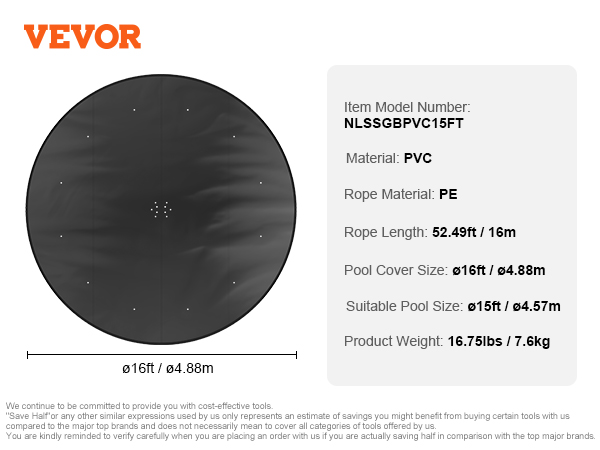 VEVOR pool cover, 16ft pvc, 52.49ft pe rope, 16.75lbs, suitable for 15ft pools.