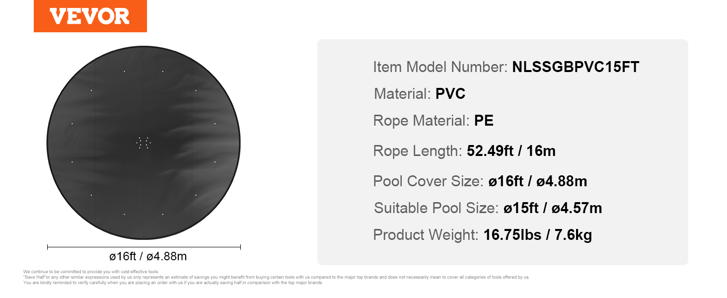 VEVOR pool cover, 16ft pvc, 52.49ft pe rope, 16.75lbs, suitable for 15ft pools.
