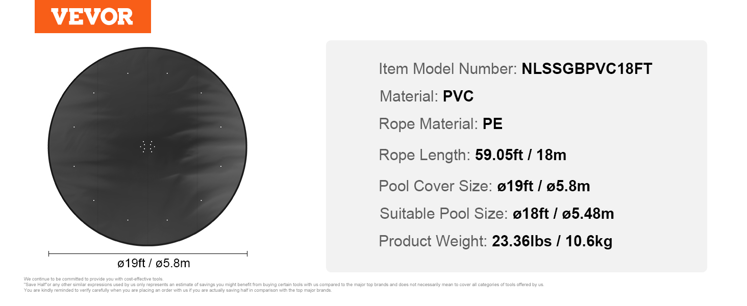 VEVOR 18 ft round pool cover, pvc material, fits 18 ft pool, with 59.05 ft pe rope length.