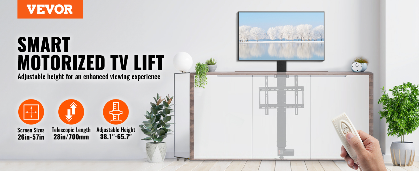 VEVOR motorized tv lift: adjustable, remote-controlled mount for 26-57 inch screens.