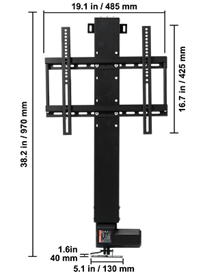 VEVOR motorized tv lift with dimensions: height 38.2in, width 19.1in, depth 5.1in.
