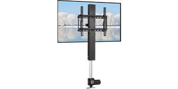 VEVOR motorized tv lift elevating a flat-screen tv with a snowy landscape backdrop.