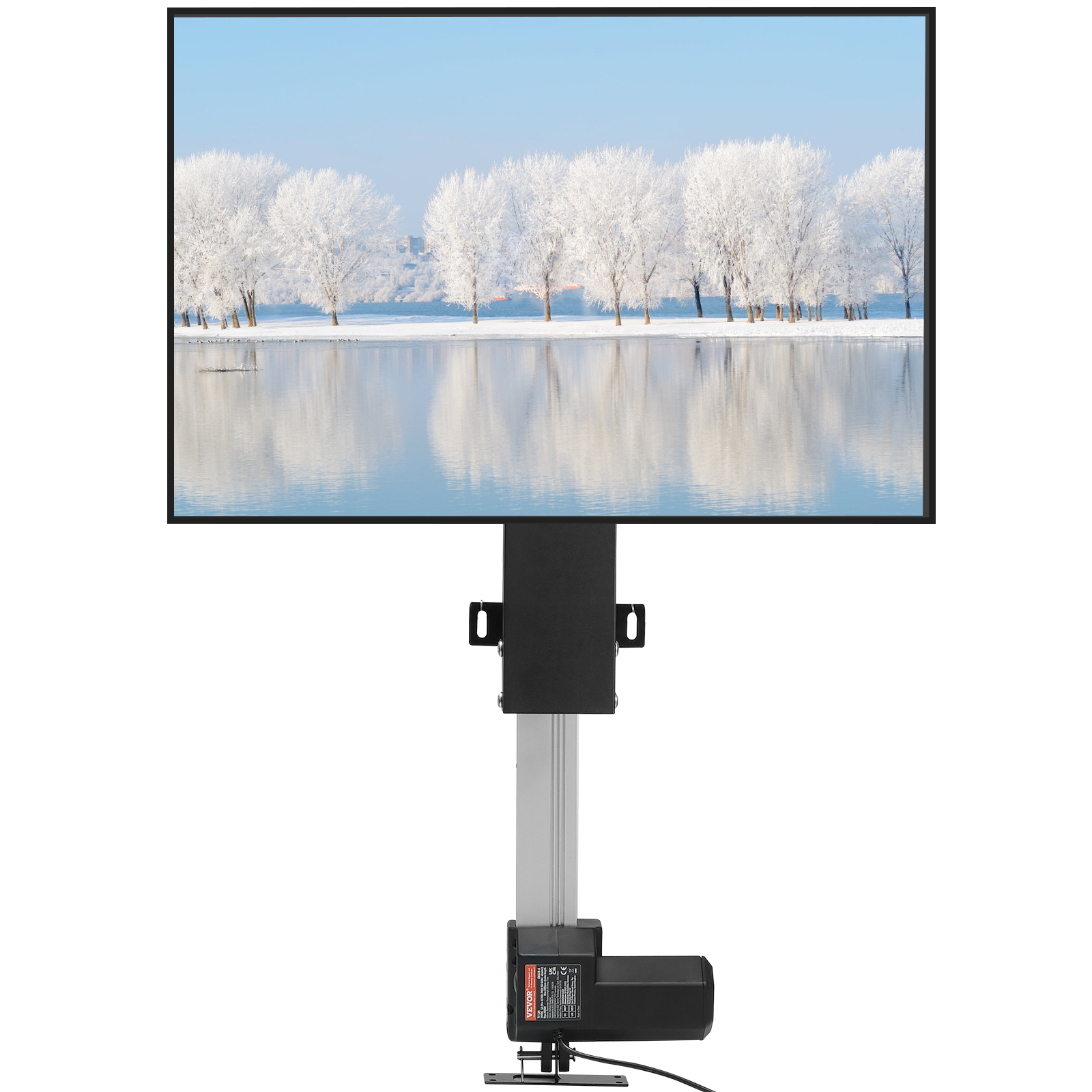 VEVOR motorized tv lift displaying a winter landscape with snowy trees reflected in water.