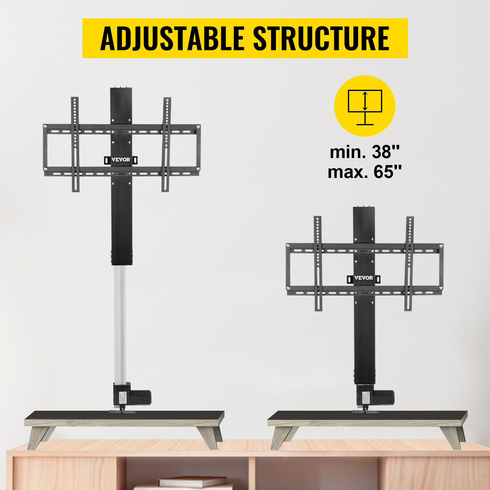adjustable VEVOR motorized tv lift with height range of 38 to 65 inches.