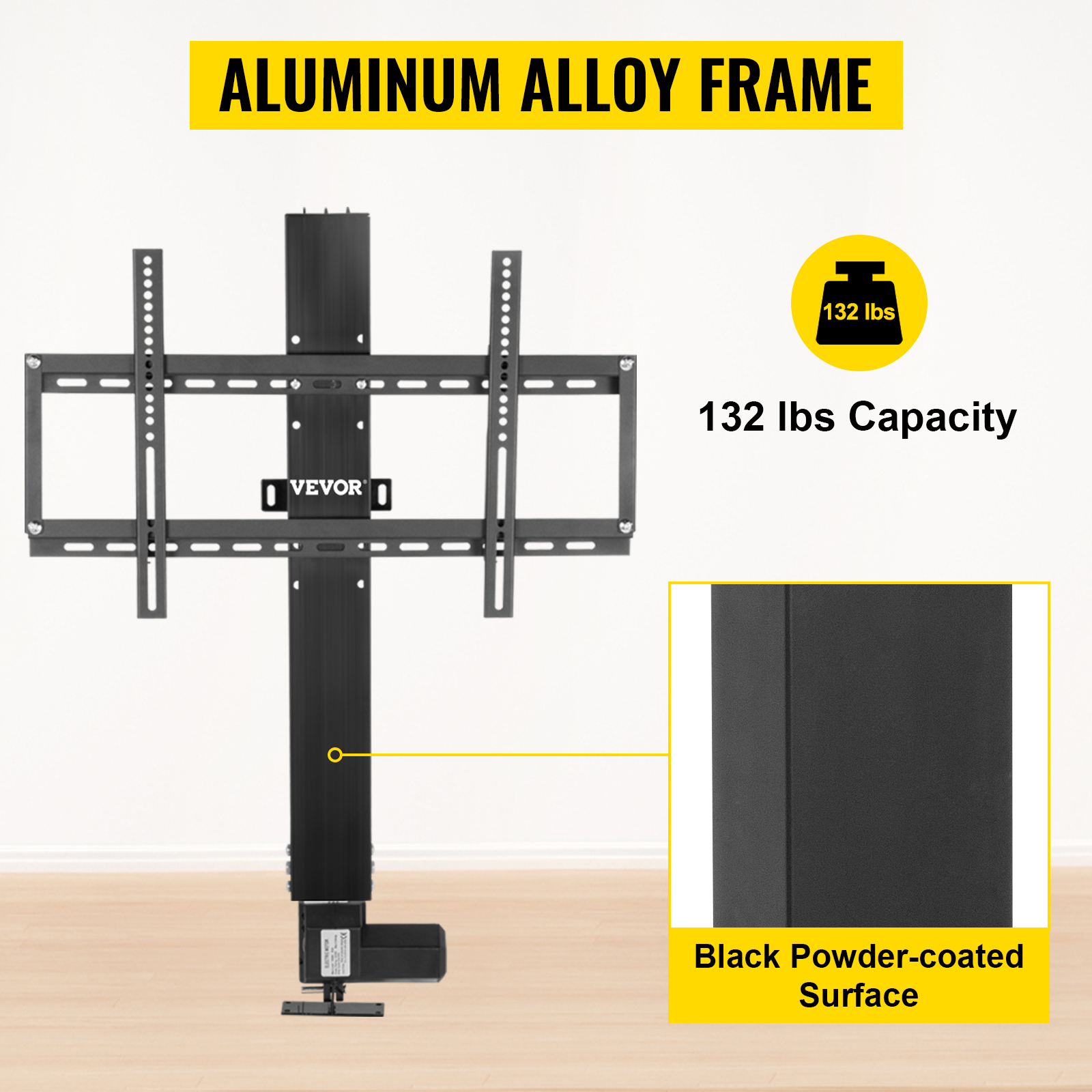 VEVOR motorized tv lift with aluminum alloy frame and 132 lbs capacity.