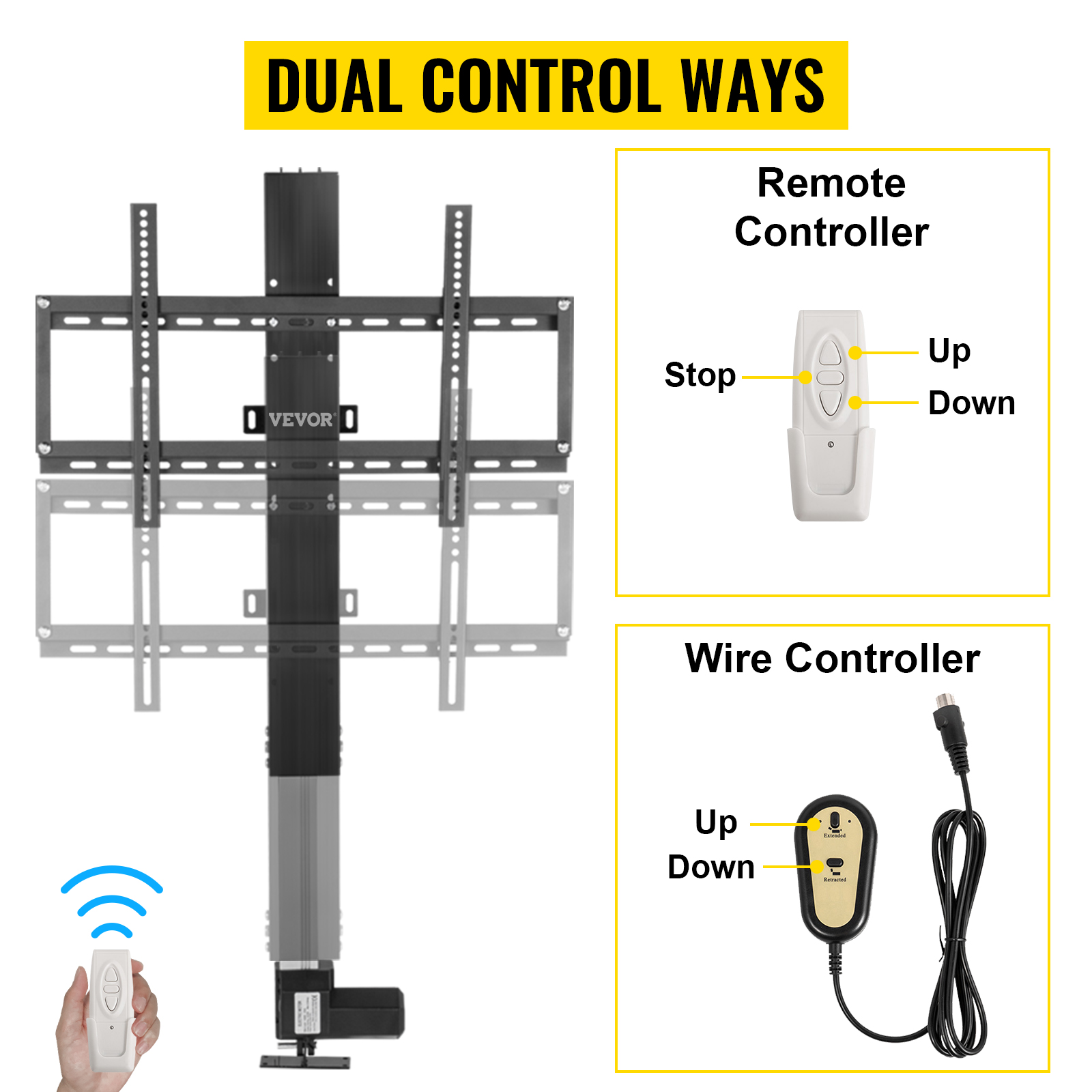 VEVOR motorized tv lift with dual control ways, remote and wire controller options.