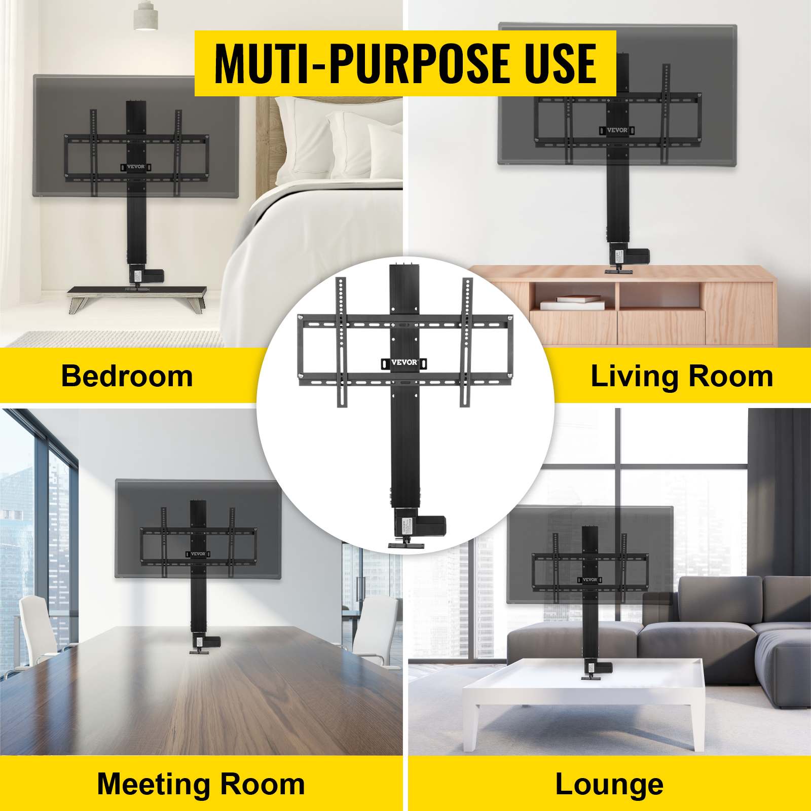 VEVOR motorized tv lift in bedroom, living room, meeting room, and lounge.