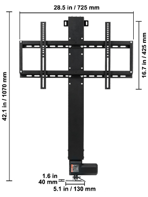 VEVOR motorized tv lift with dimensions marked in inches and millimeters.