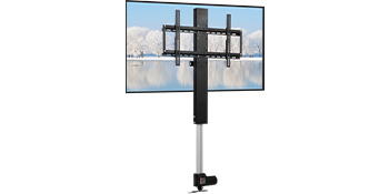 VEVOR motorized tv lift holding a flat-screen tv, background showing scenic winter view.