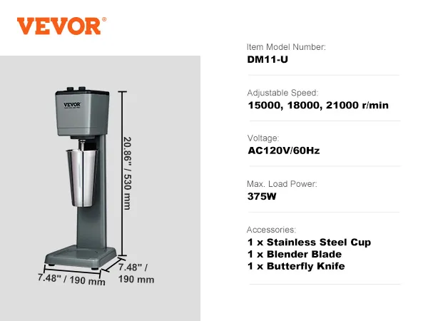 VEVOR milkshake maker dm11-u, 375w, stainless steel cup, adjustable speeds (15000, 18000, 21000 r/min).