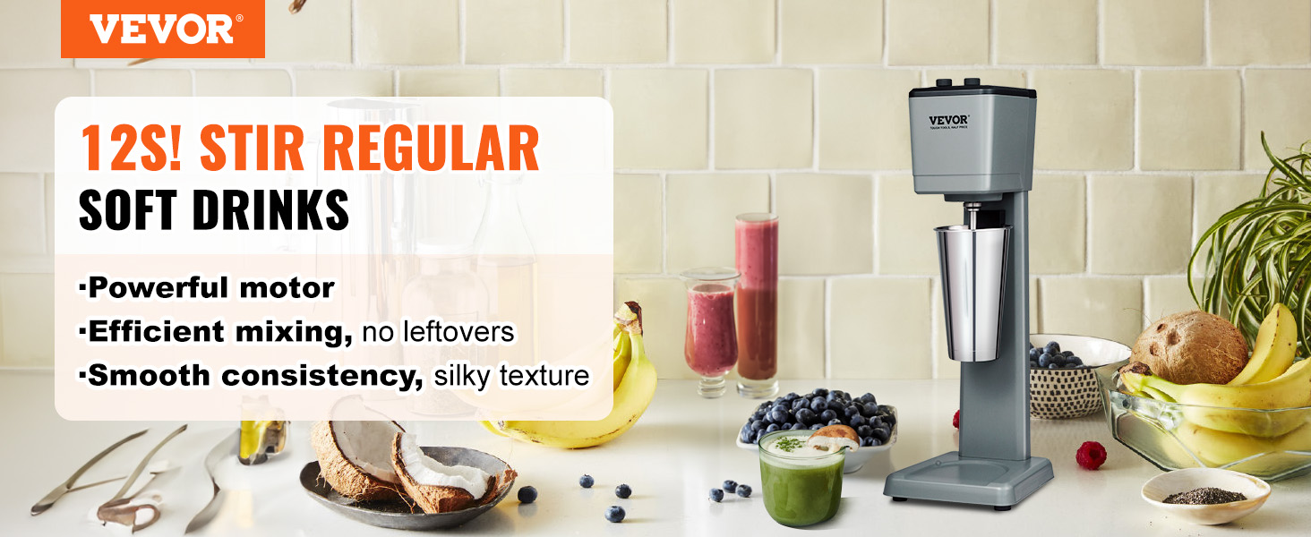 VEVOR milkshake maker on a kitchen counter with bananas, berries, and drinks.