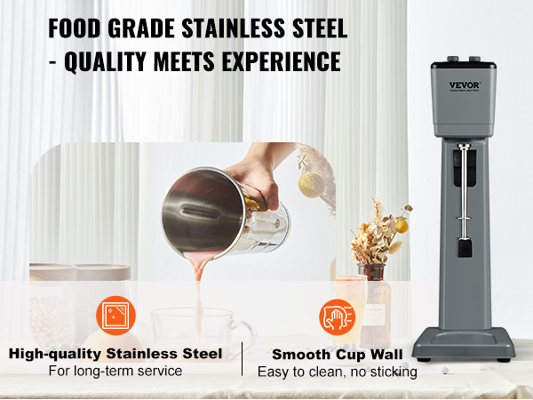 VEVOR milkshake maker with food grade stainless steel, shown with various ingredients and mixed drinks.