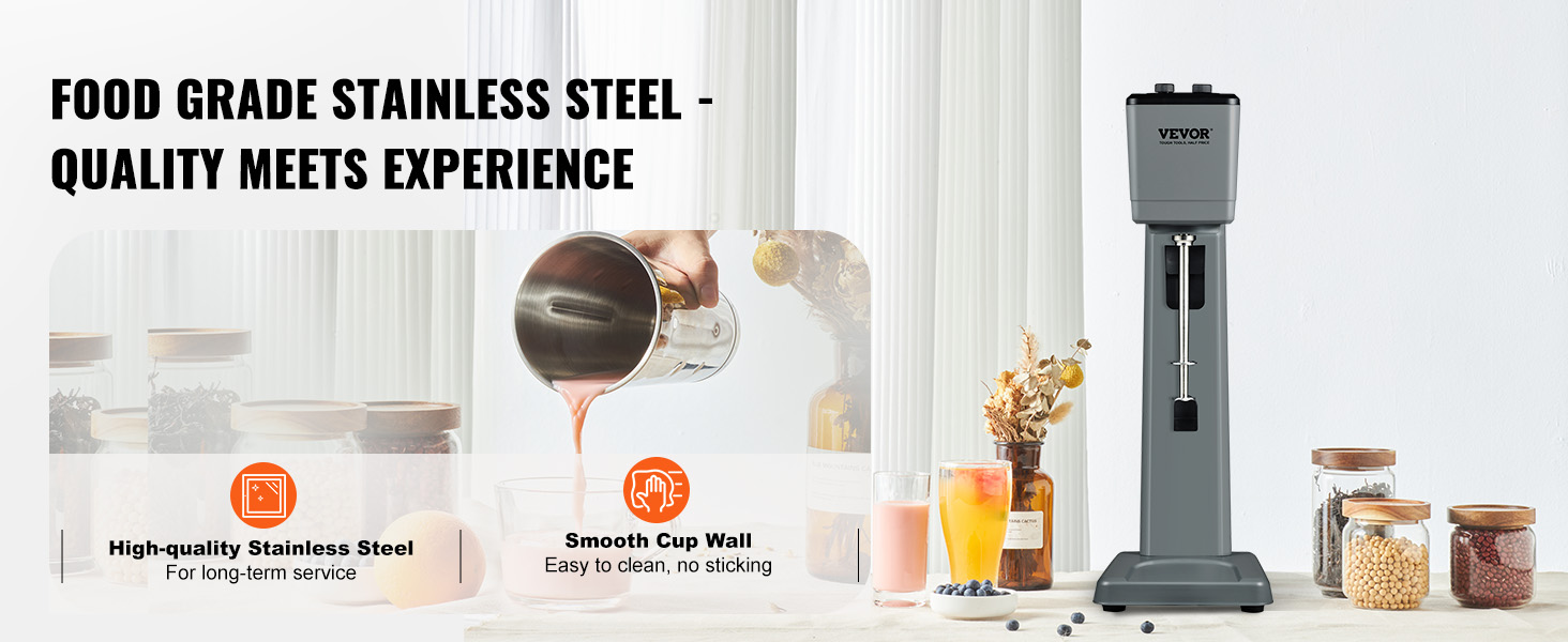 VEVOR milkshake maker with food grade stainless steel, shown with various ingredients and mixed drinks.