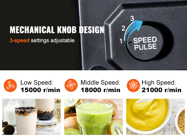 VEVOR milkshake maker with 3-speed mechanical knob design: low 15000 r/min, mid 18000 r/min, high 21000 r/min.