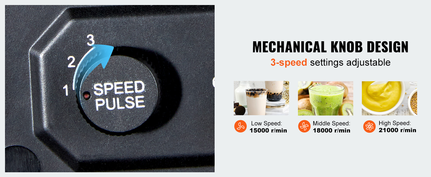 VEVOR milkshake maker with 3-speed mechanical knob design: low 15000 r/min, mid 18000 r/min, high 21000 r/min.