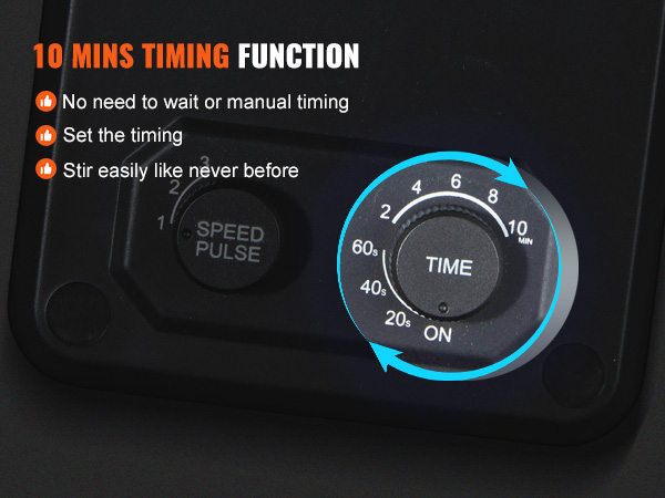 10 mins timing function on VEVOR milkshake maker with adjustable timer and speed pulse settings.