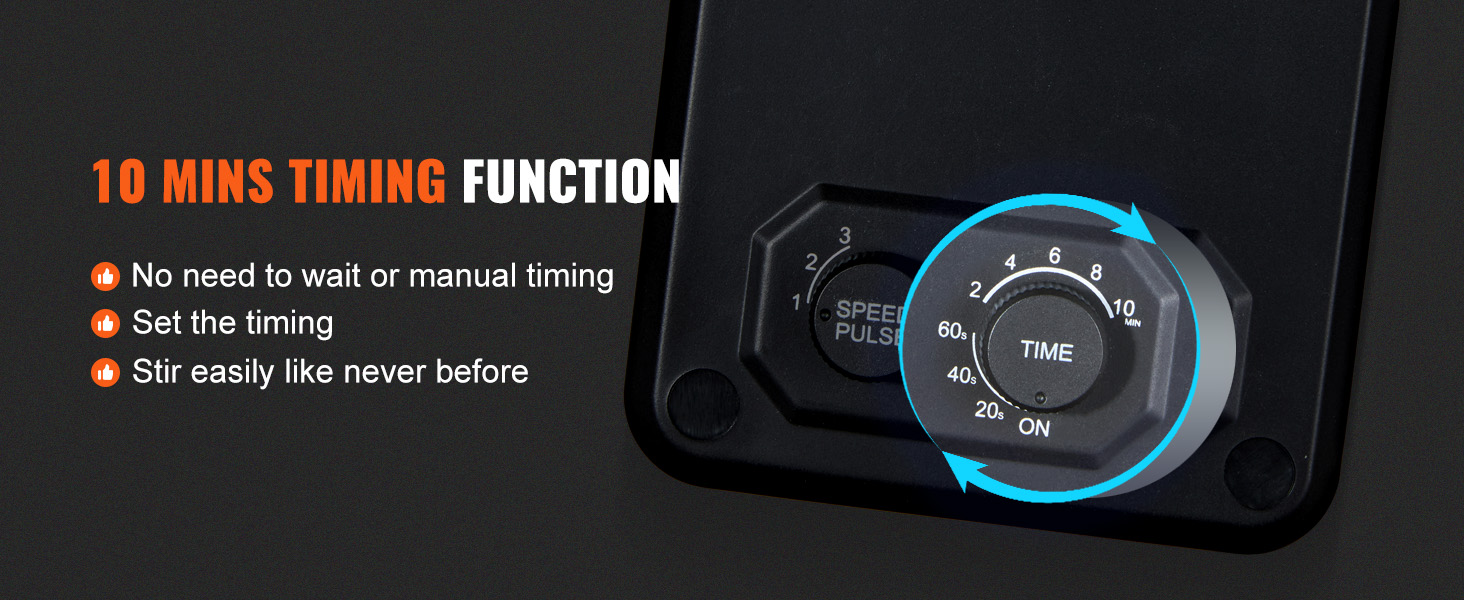 10 mins timing function on VEVOR milkshake maker with adjustable timer and speed pulse settings.