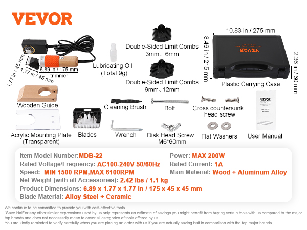 VEVOR carpet trimmer with wooden guide, limit combs, acrylic plate, carrying case, and accessories.