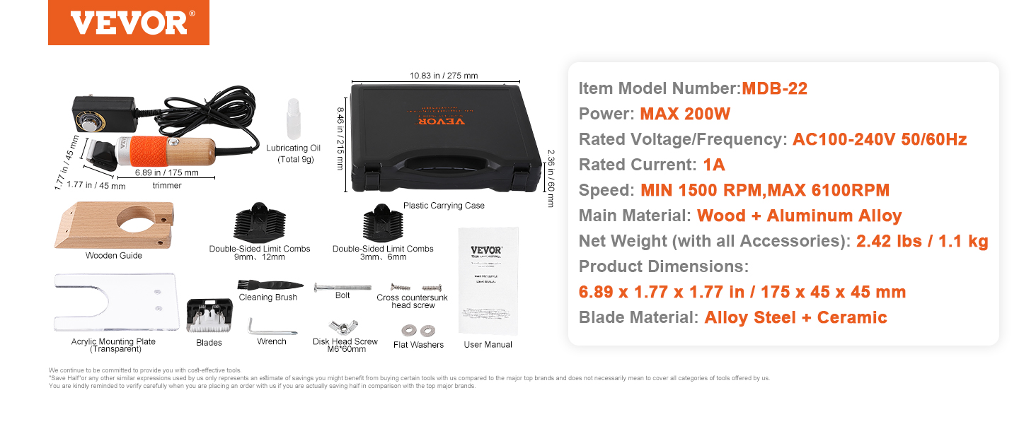 VEVOR carpet trimmer with wooden guide, limit combs, acrylic plate, carrying case, and accessories.