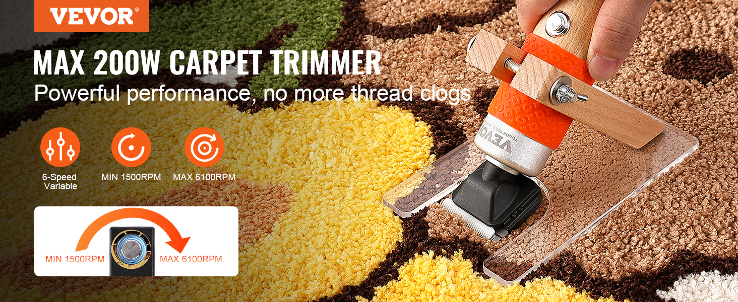 VEVOR carpet trimmer with 200w power, 6-speed settings, min 1500rpm, and max 6100rpm for efficient carpet trimming.