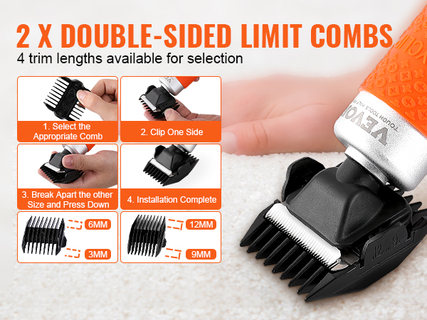 VEVOR carpet trimmer with double-sided limit combs for four trimming lengths: 3mm, 6mm, 9mm, 12mm.