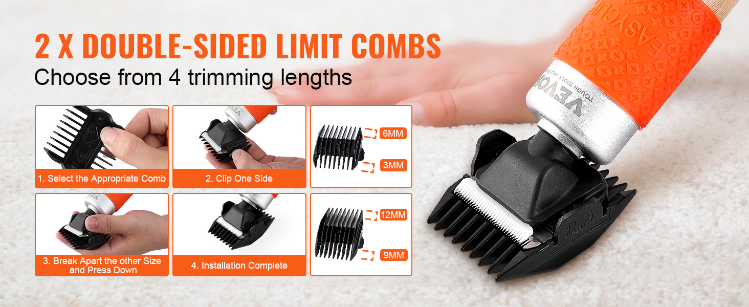 VEVOR carpet trimmer with double-sided limit combs for four trimming lengths: 3mm, 6mm, 9mm, 12mm.