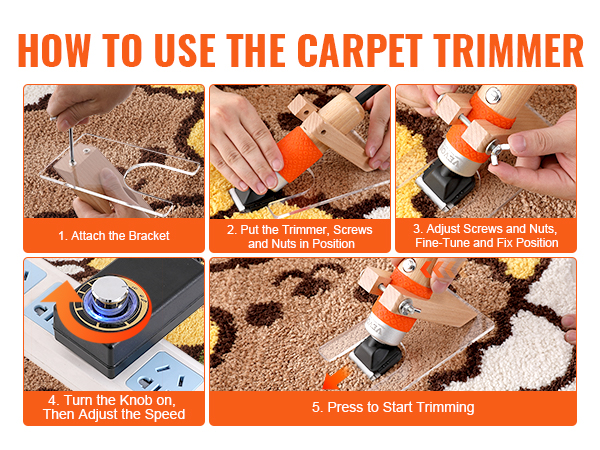 VEVOR carpet trimmer usage steps: attach bracket, position trimmer, adjust, set speed, start trimming.