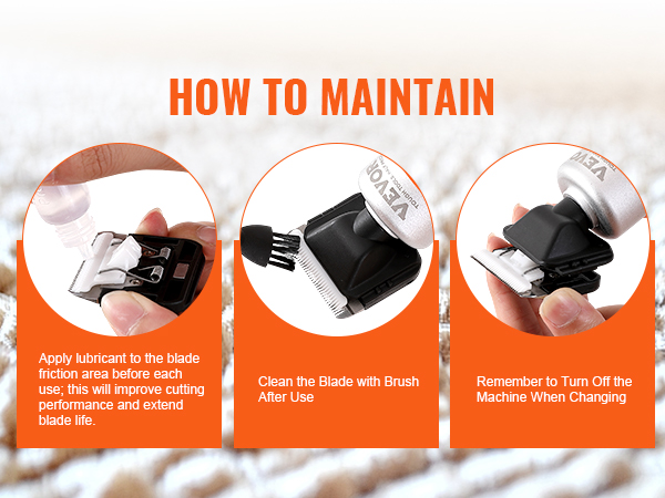 how to maintain VEVOR carpet trimmer: lubricate blades, clean with brush, and turn off when changing blades.