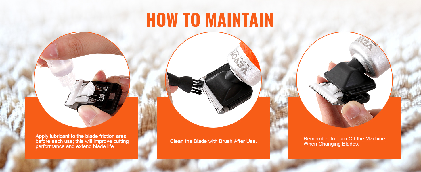 how to maintain VEVOR carpet trimmer: lubricate blades, clean with brush, and turn off when changing blades.