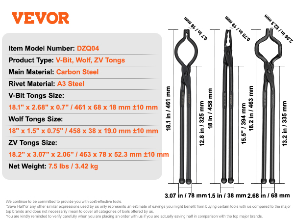 VEVOR blacksmith tongs, model dzq04, dimensions and specifications for v-bit, wolf, and zv tongs.